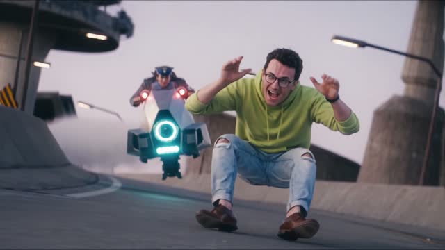 The chase — You and the hover bike in one frame — you look back and panic.