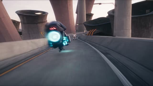 Whoosh — You blast past the camera, the hover bike right on your tail.