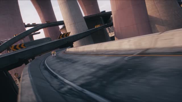 Fly-over — The camera lifts over the highway as you race away.