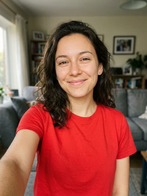 Photo 2, the cop: a casual selfie of a woman in a red T-shirt (AI-generated person)