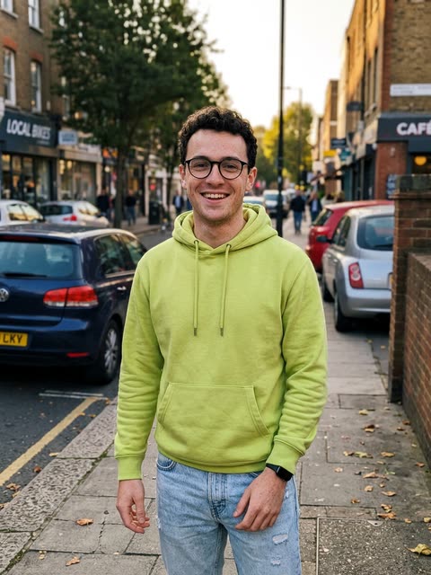 Photo 1, the rider: a casual photo of a man in a lime-green hoodie (AI-generated person)