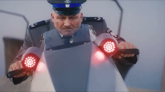 The cop — Close-up: a police officer on a hover bike, red lights flaring.