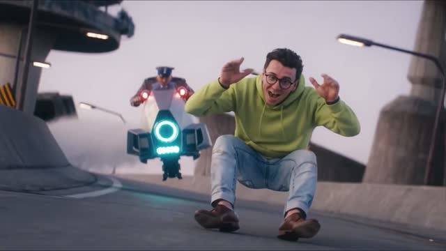 The chase — You and the hover bike in one frame — you look back and panic.