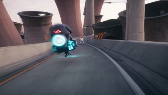 Whoosh — You blast past the camera, the hover bike right on your tail.
