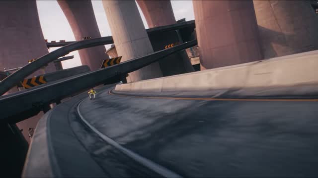 Fly-over — The camera lifts over the highway as you race away.